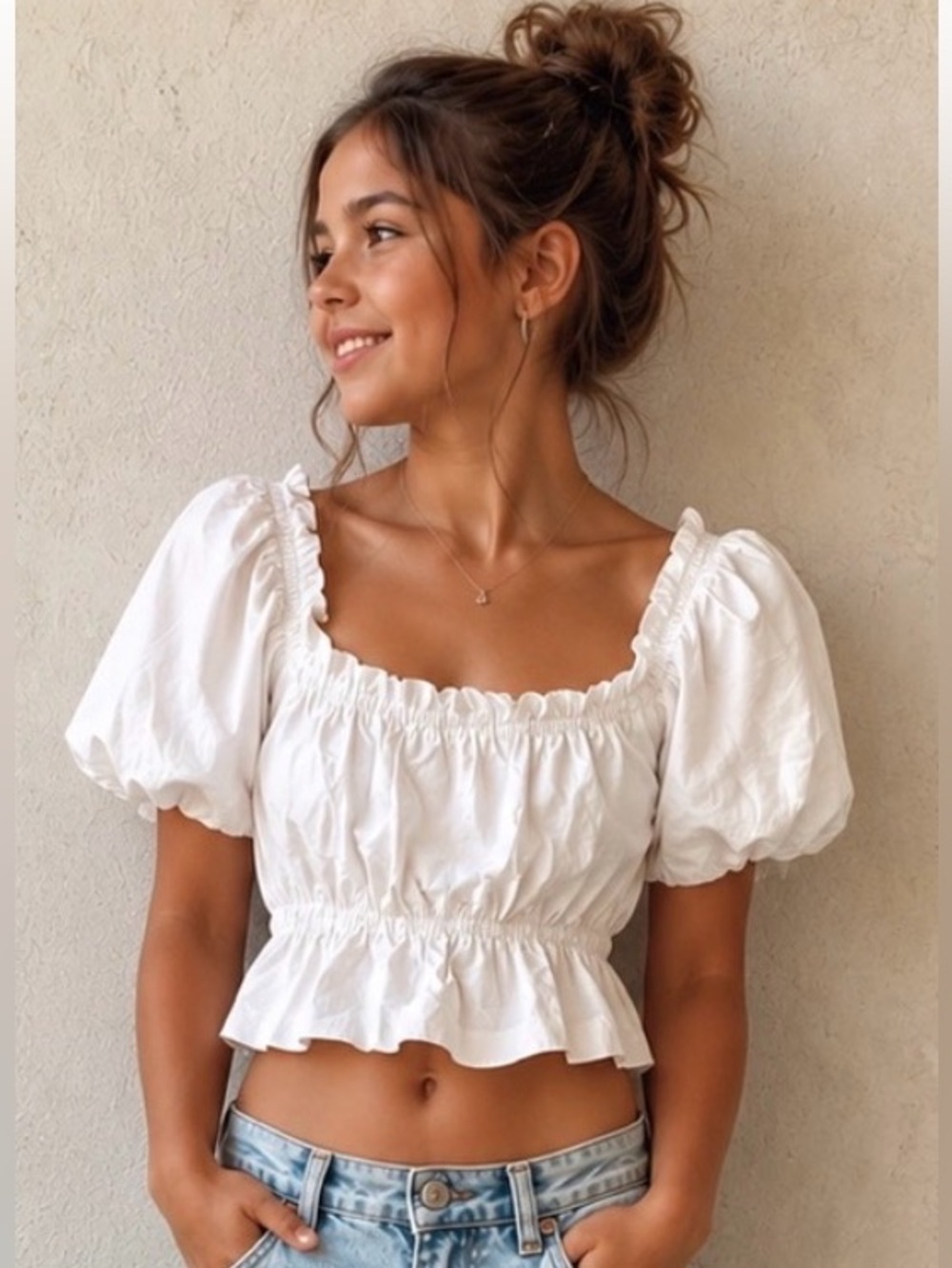 White Offer The Shoulder Ruffle Crop Top NWTS ruched 🏖️⛱️🏝️